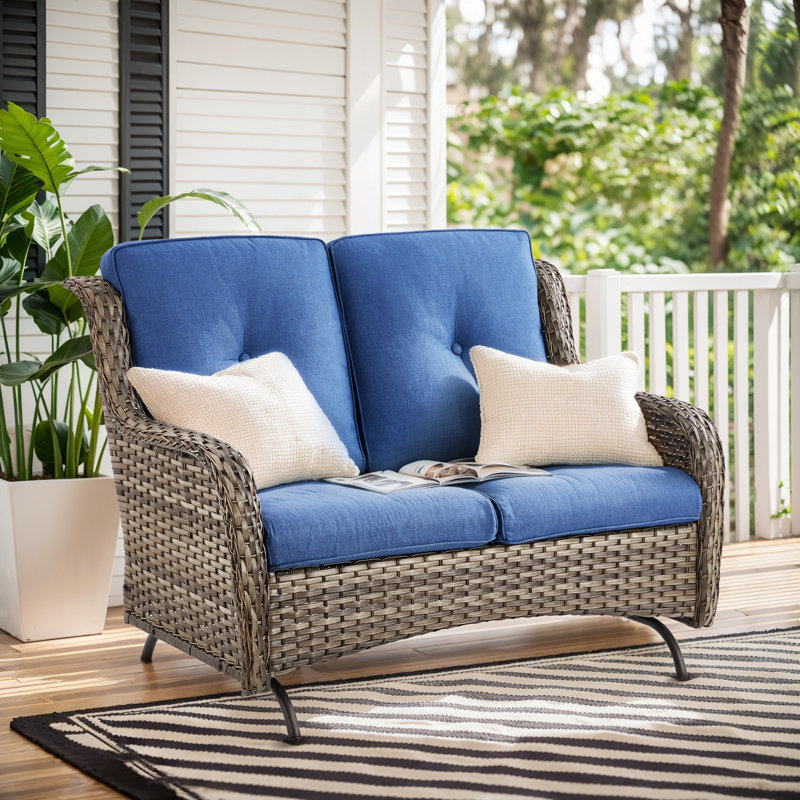 Wendye 2 Seat Stylish Patio Loveseat Glider Sofa With Water-Resistant Olefin Cushions, Gray, Blue