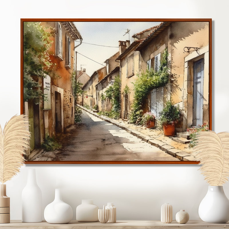 «Rochan Mediterranean Village Street I - Landscape Cottage», reproduction sur toile encadrée, H 24 po x l 32 po x P 1 po