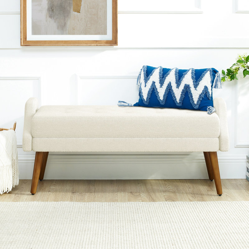 Banc de salon moderne, fabriqué en tissu bouclé, avec coussin moelleux, accoudoirs géométriques irréguliers et pieds en bois de caoutchouc, convient aux salons, aux chambres et aux entrées