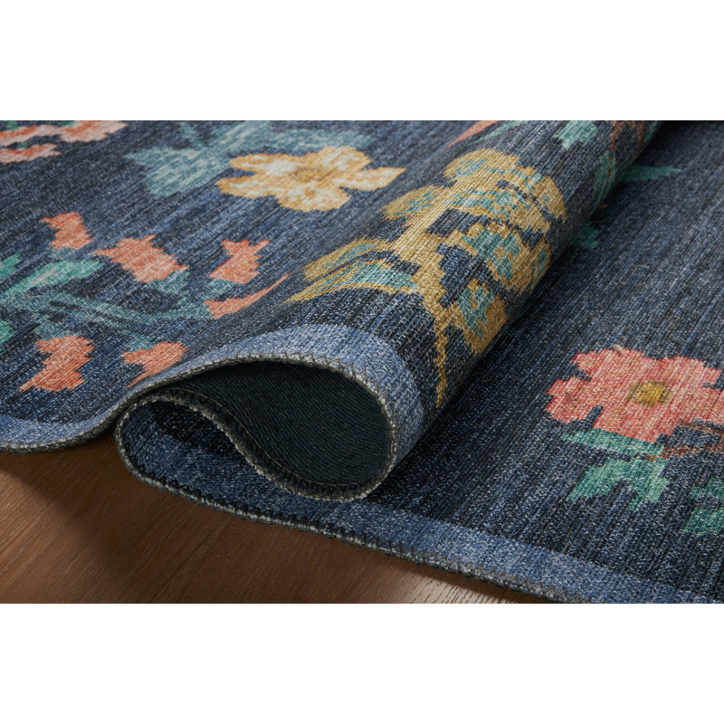 Navy Floral Synthetic 7'-6" x 9'-6" Area Rug