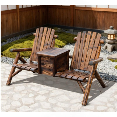 Double Adirondack Chair Loveseat, Double Wooden Adirondack Chair with Ice Bucket, Outdoor Loveseat with High Backrest