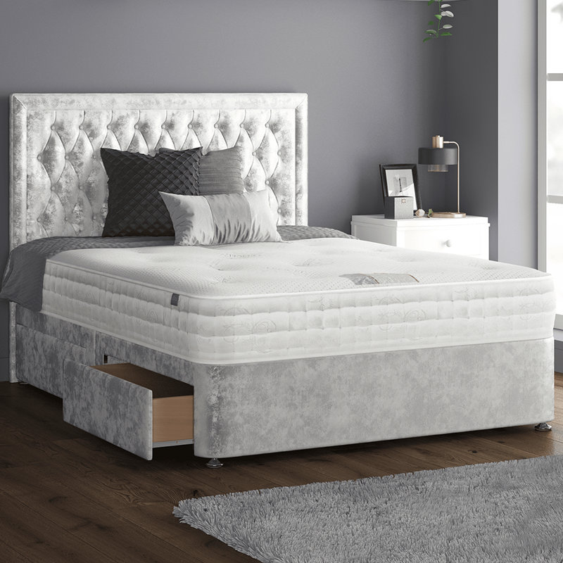 Gallego Upholstered Divan Bed, Single (3'), Silver, 2 Left Drawers
