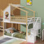 Charmant lit superposé simple au-dessus d'un lit simple, structure en forme de maison avec rangements et garde-corps de protection
