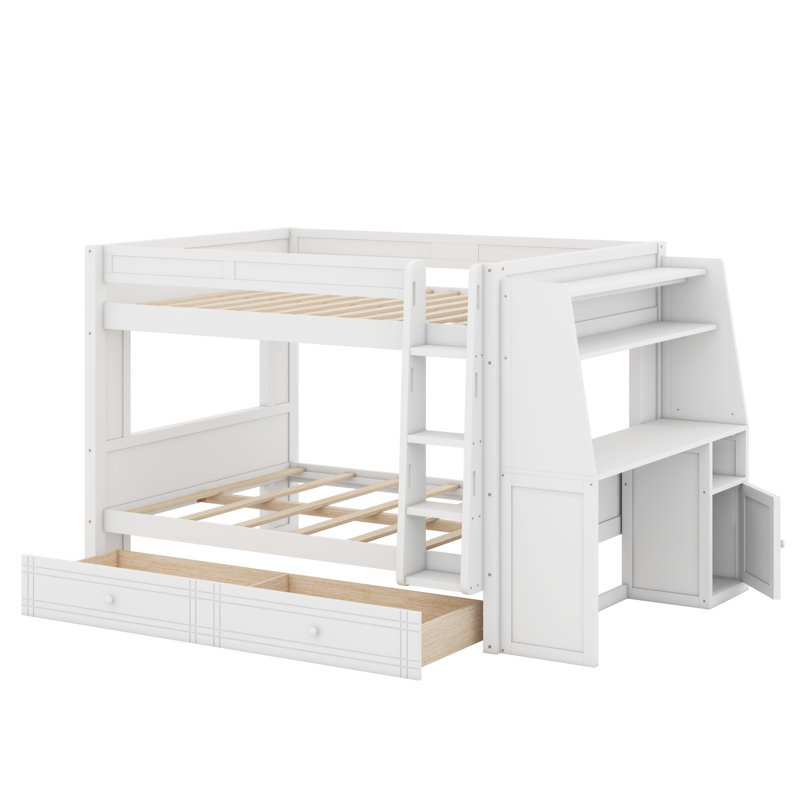 Space-Saving Bunk Bed with Desk, Shelves and Drawer, White