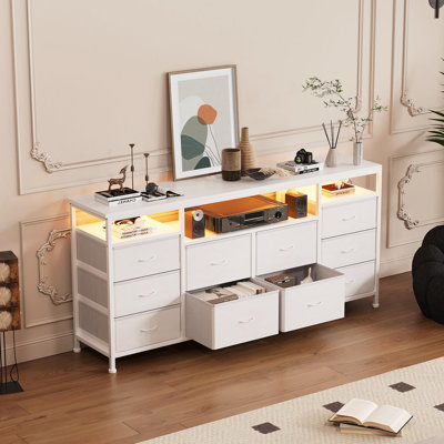 Commode longue 63 po avec 10 tiroirs en tissu, meuble télé pour téléviseur de 75 po ou moins, centre de divertissement avec lumières DEL