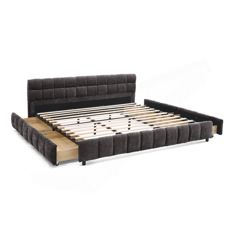 King Size Upholstered Bed ,Comfortable Upholstered Bed Frame, Chenille Fabric, With Headboard And  Bed Frame. With Drawer For Storage.-Dark Gray