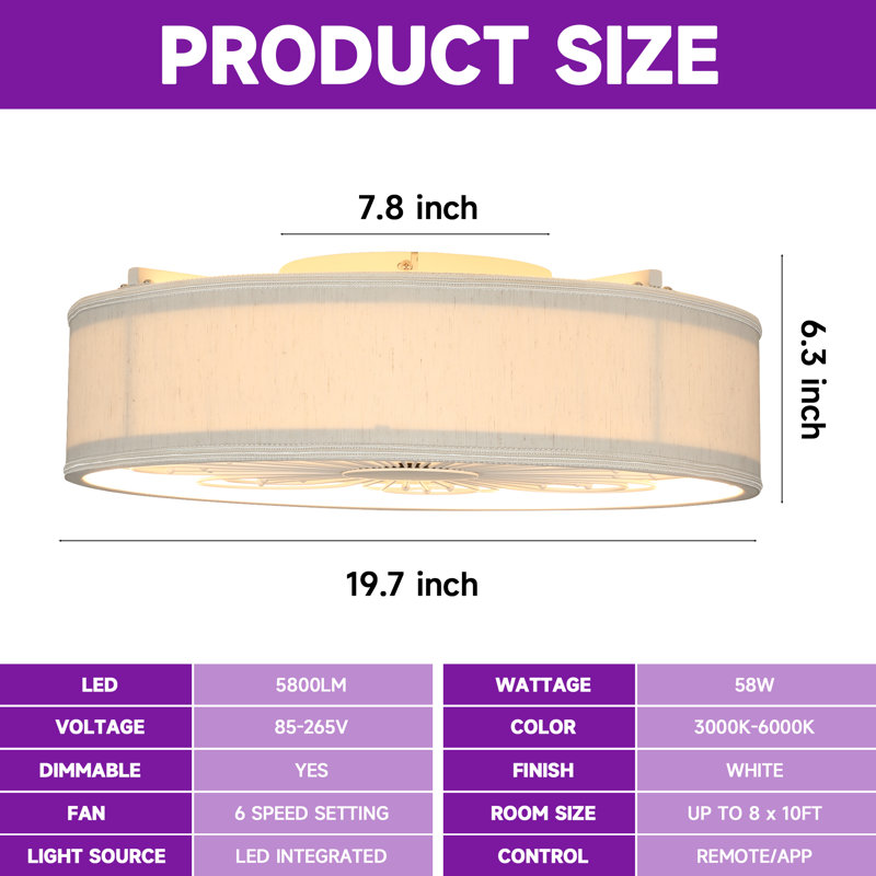 19.6'' Ceiling Fan with Light Kit and Remote Control Included