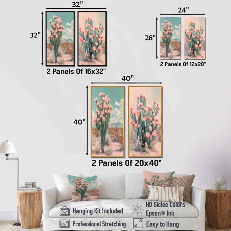 Pastel cactus en fleurs dans le désert III - art mural floral 2 panneaux, H 40 po x l 41 po, Cadre flottant noir