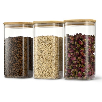 Food Storage Jars Set of 3, Glass Storage Containers, Clear Glass Food Jars with Bamboo Lids