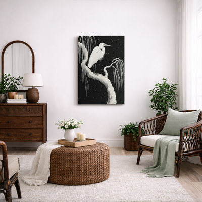 «Minimalist White Heron on Curved Branch at Night», reproduction d'art sur toile encadrée