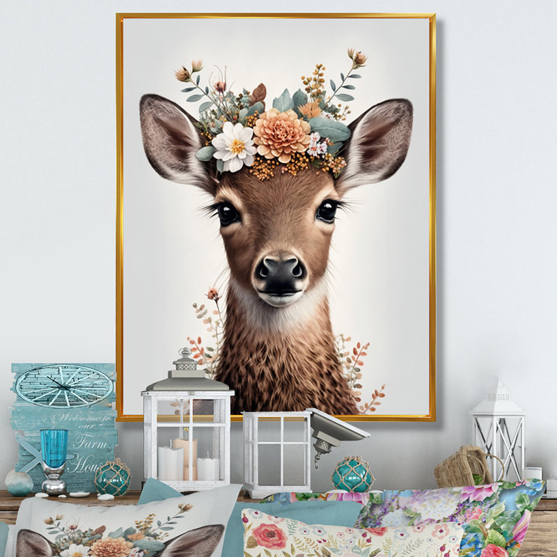 Mignon bébé cerf avec couronne florale III - animaux, art mural sur toile, L 12 po x H 20 po, Cadre flottant doré