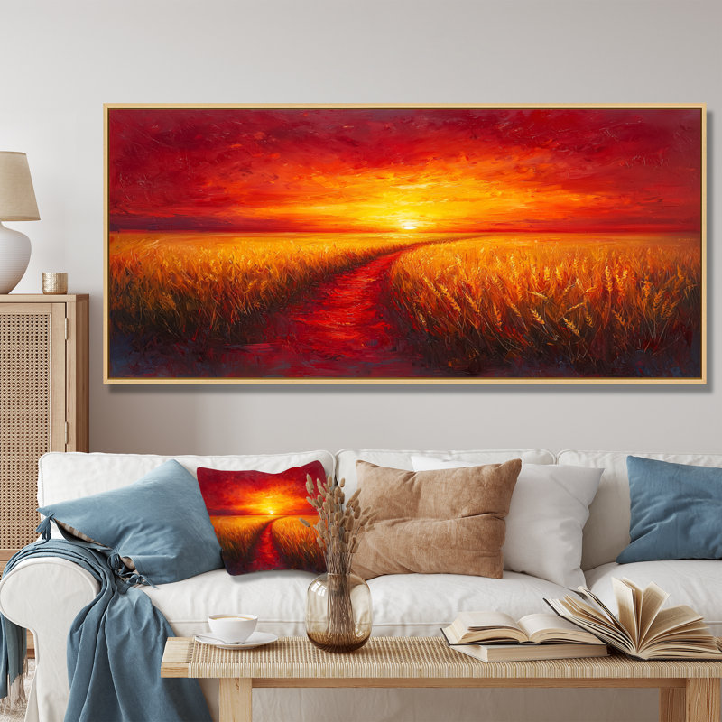 Coucher de soleil sur le champ de blé IV - campagne grand art mural, H 12 po x l 20 po, Cadre flottant, Doré