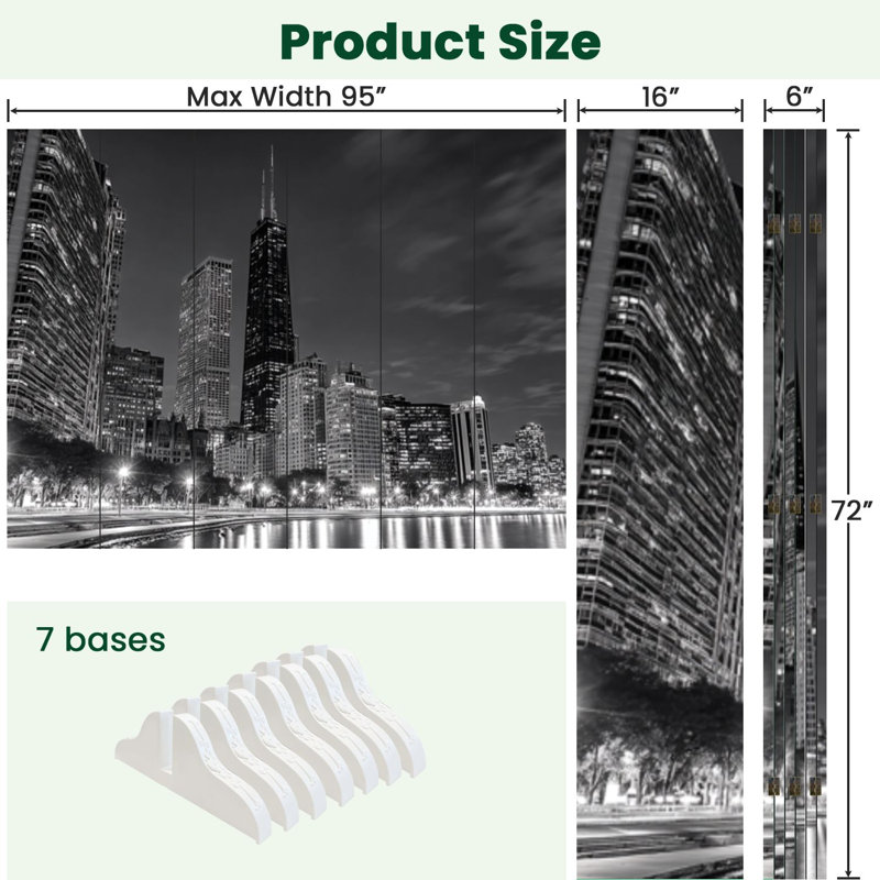 Paravent 6 panneaux à cloison pliable Royal Black White Chicago Skyline Night, Couleur 1