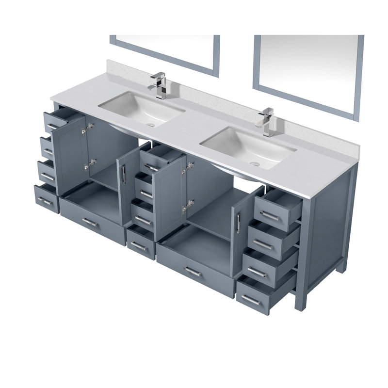 Jacques 84 in. W x 22 in. D Double Bath Vanity, Faucet Set, & 34 in. Mirrors, White Quartz, Dark Grey