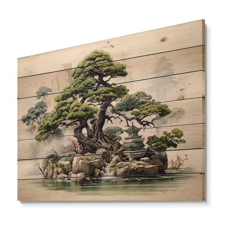 Art méditatif japonais, bonsaï vert II sur bois, H 24 po x l 32 po x P 0,78 po