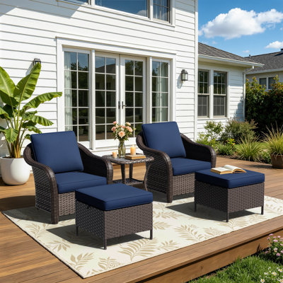 5-Piece PE Wicker Patio Conversation Set, Chairs, Ottomans, Side Table with Blue Cushions