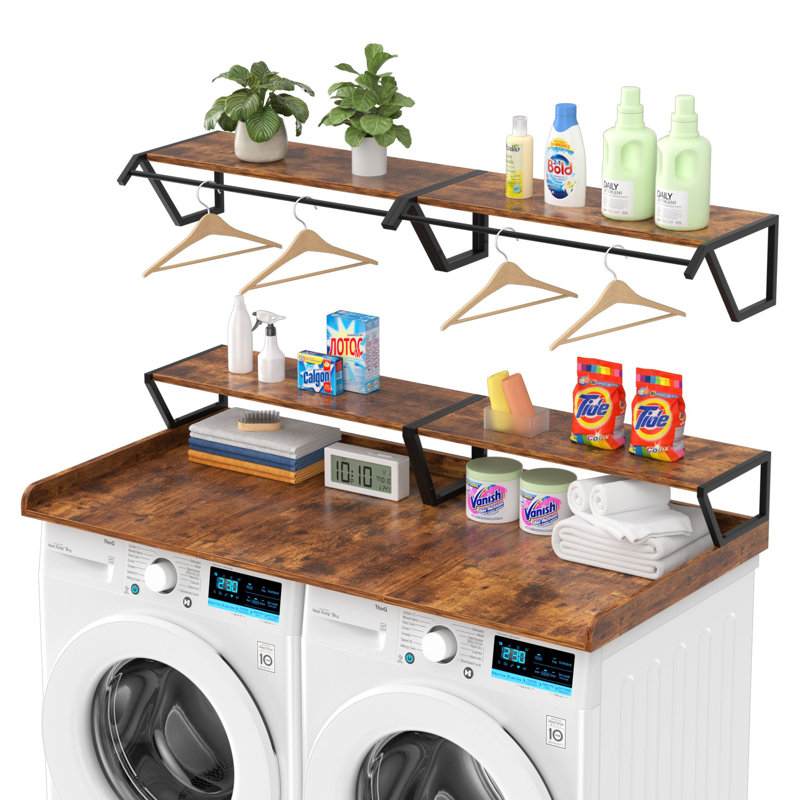 Washer Dryer Countertop with Wall Shelves Set - Durable, Waterproof, and Functional Design with Hanging Rod, Walnut