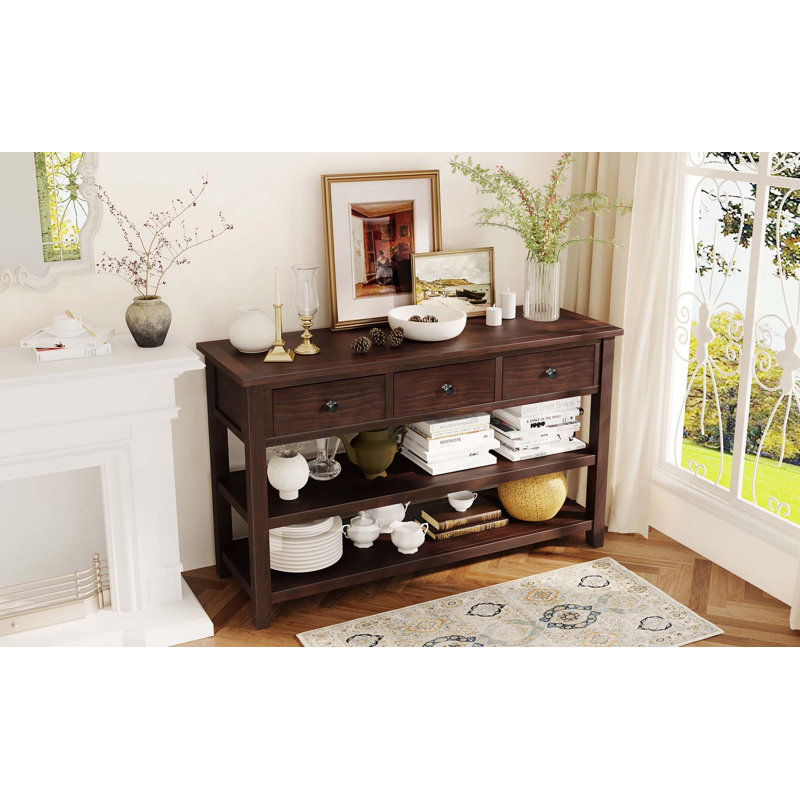 Console rétro avec deux tablettes ouvertes, structure et pieds en bois de pin massif, Brun, Brown