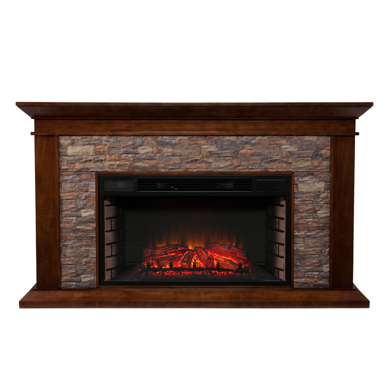 Coletta Freestanding Electric Fireplace with Faux Stone Mantel, Whiskey Maple