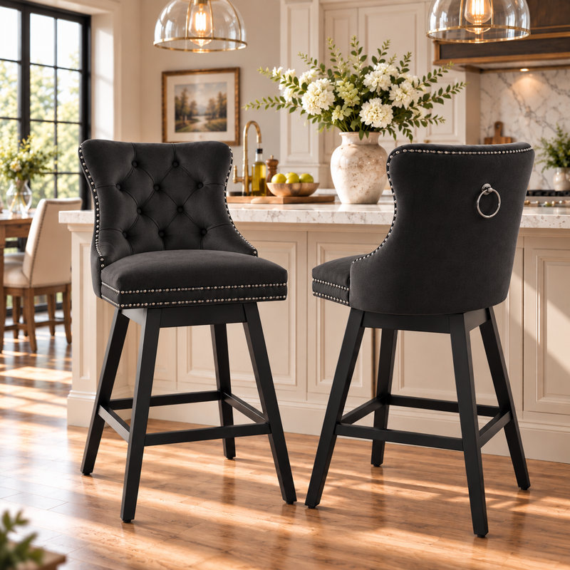 Tabouret de bar pivotant à 360 ° en velours avec dossier, garniture cloutée et pieds robustes en bois massif, fauteuil confortable pour la cuisine, la salle à manger et le restaurant