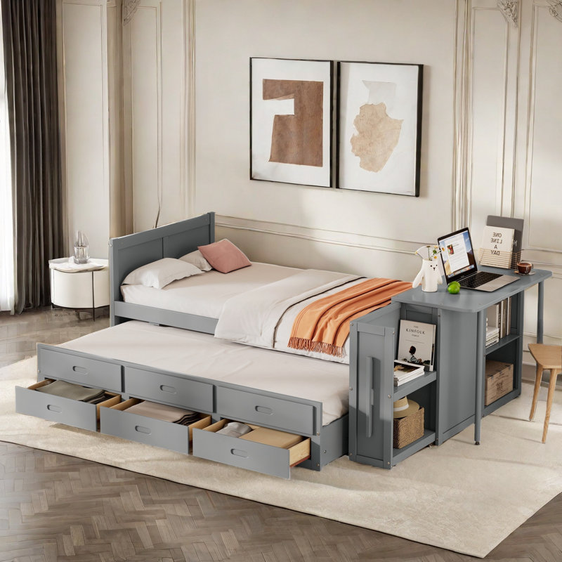 Lit plateforme multifonctionnel en bois avec bureau et tablettes de rangement, lit gigogne intégré et 3 tiroirs, Gris