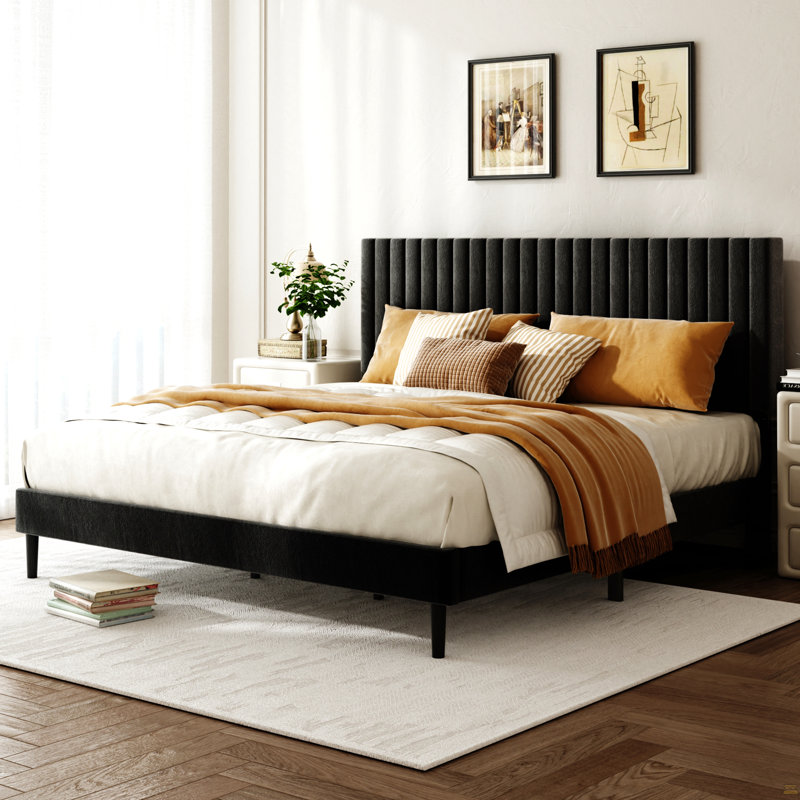 Structure de lit très grand, lit plateforme tapissier en velours avec tête de lit réglable en hauteur, structure robuste et lattes, conception silencieuse, compatible avec les matelas sans ressorts, facile à assembler, noir