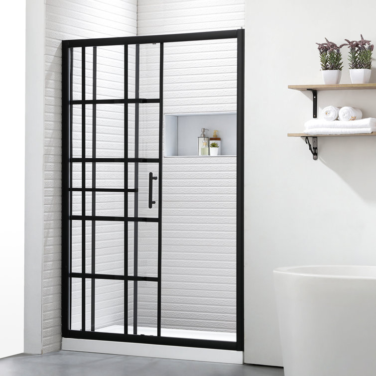 Cyrus 48" W x 72" H Single Sliding Aluminum Framed Black-Grid Shower Door with Heat Soaking Process and Protective Coating Treatment