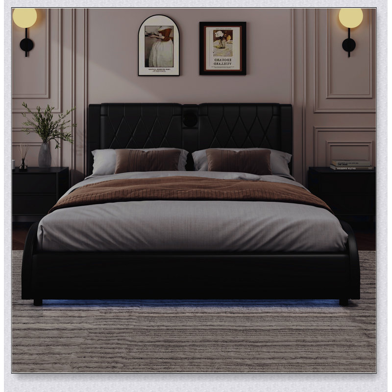 Lit plateforme luxueux en similicuir, tête de lit épaisse, Bluetooth, DEL RVB, Blanc, Grand