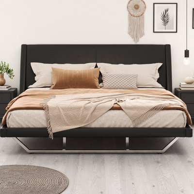 Queen Size Upholstered Platform Bed Frame, PU Leather with Wave-Like Curved Design & Trapezoidal Legs, No Box Spring Needed, Modern Minimalist Style with Silent Slats