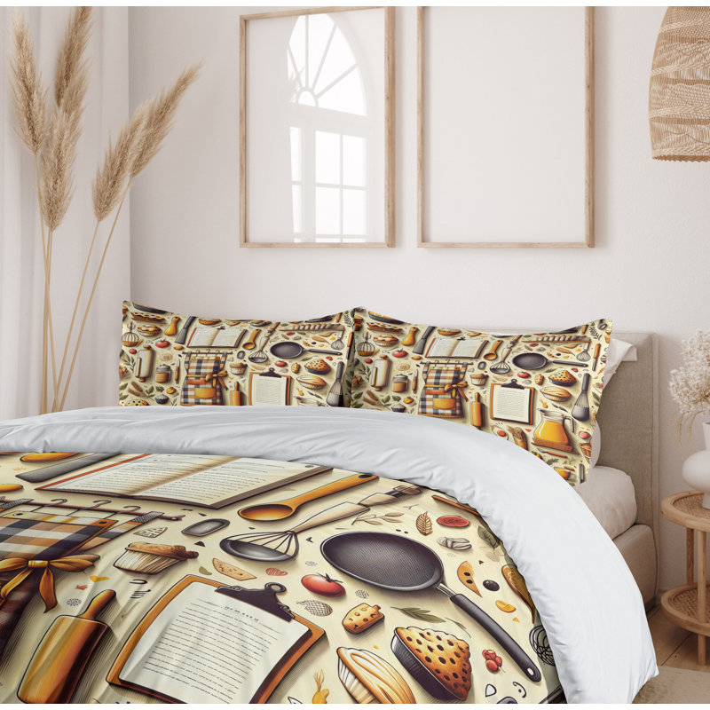 Cooking Themed Duvet Cover, California King Duvet Cover + 2 Standard Shams