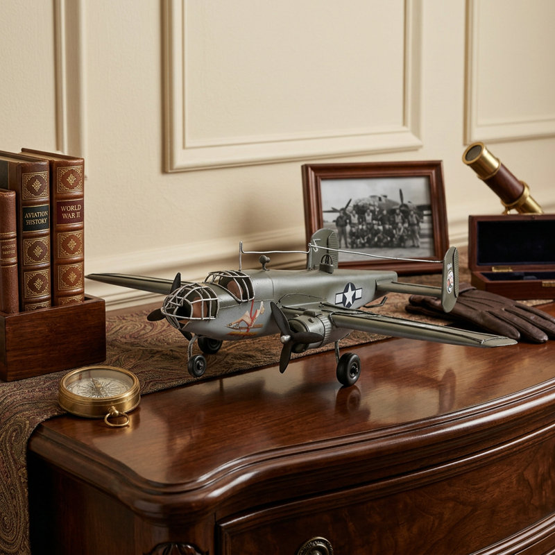 Maquette de bombardier B-25 en métal peint à la main gris et blanc de 4 po c1941