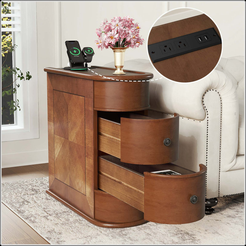 Table de bout avec station de charge (2 AC + 2 USB) et 2 tiroirs - aucun assemblage requis