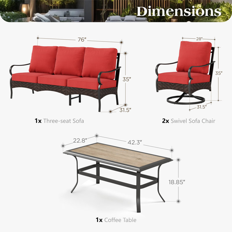 Ensemble de conversation pour patio pivotant en acier thermolaqué pour 5 personnes Sherborn, Rouge, No
