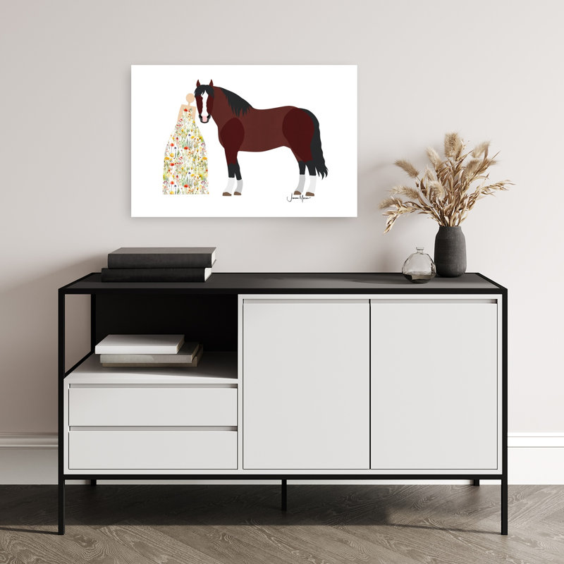 Femme et cheval, art mural minimaliste, fleur, nature