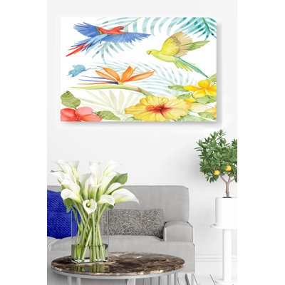 Perroquet paradis, oiseau, papillon, fougère, palmier, crevette, hybiscus, fleur, tropical, bord de mer, bleu, jaune, orange, vert, sur blanc