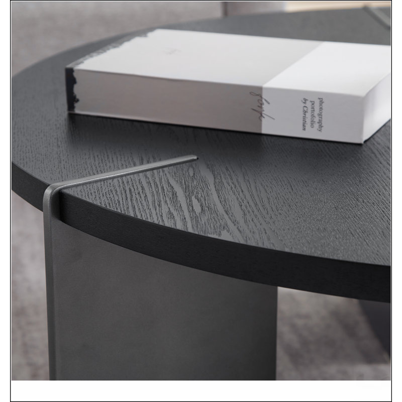 Table basse ronde en bois de chêne noir et pieds en métal noir, Noir, H 14,96 po x L 35,43 po x l 25,43 po
