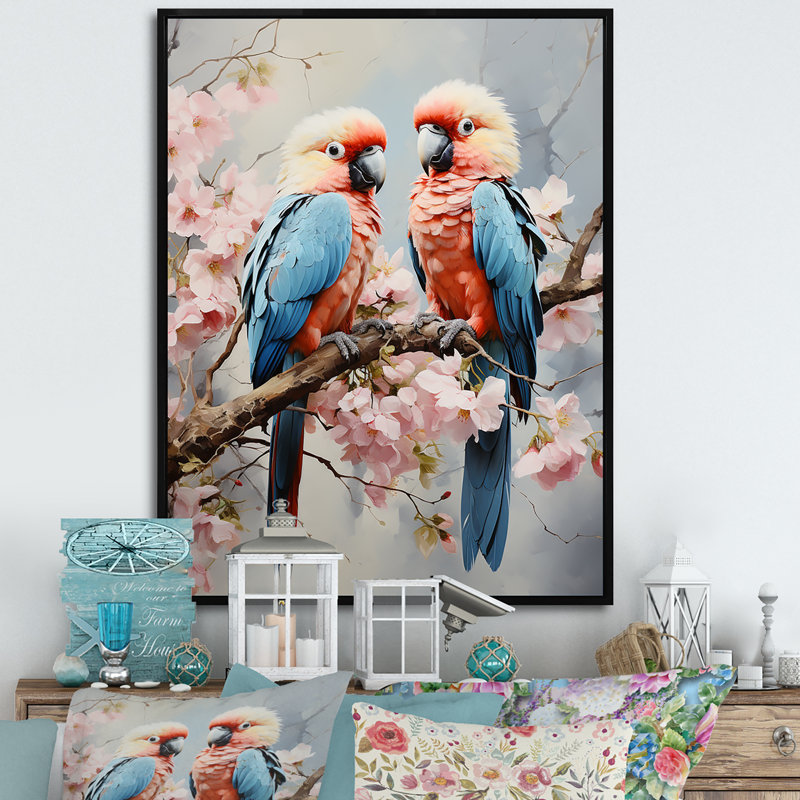 Perroquets tropicaux chuchotés sur toile, Cadre flottant noir, H 32 po x l 16 po x P 1 po