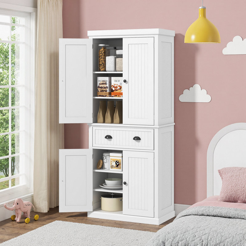 72" Farmhouse Kitchen Pantry Cabinet with Drawer & Adjustable Shelves, Freestanding Storage Cupboard, White, White
