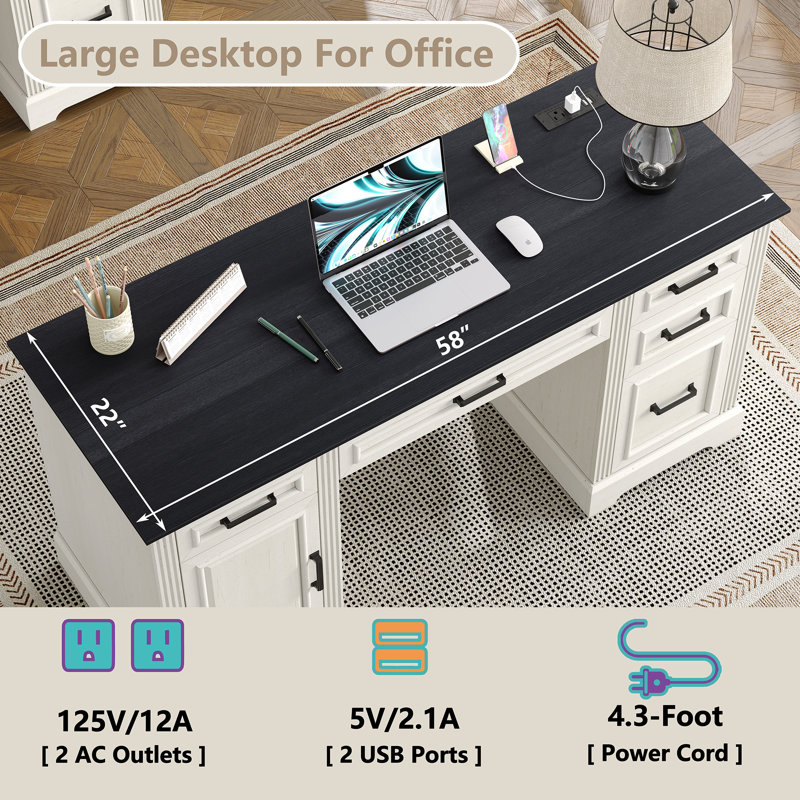 Buckhorn 58'' W Computer Desk with Outlet and 5 Drawers,Large Storage Cabinet for Home Office, Black/Off White