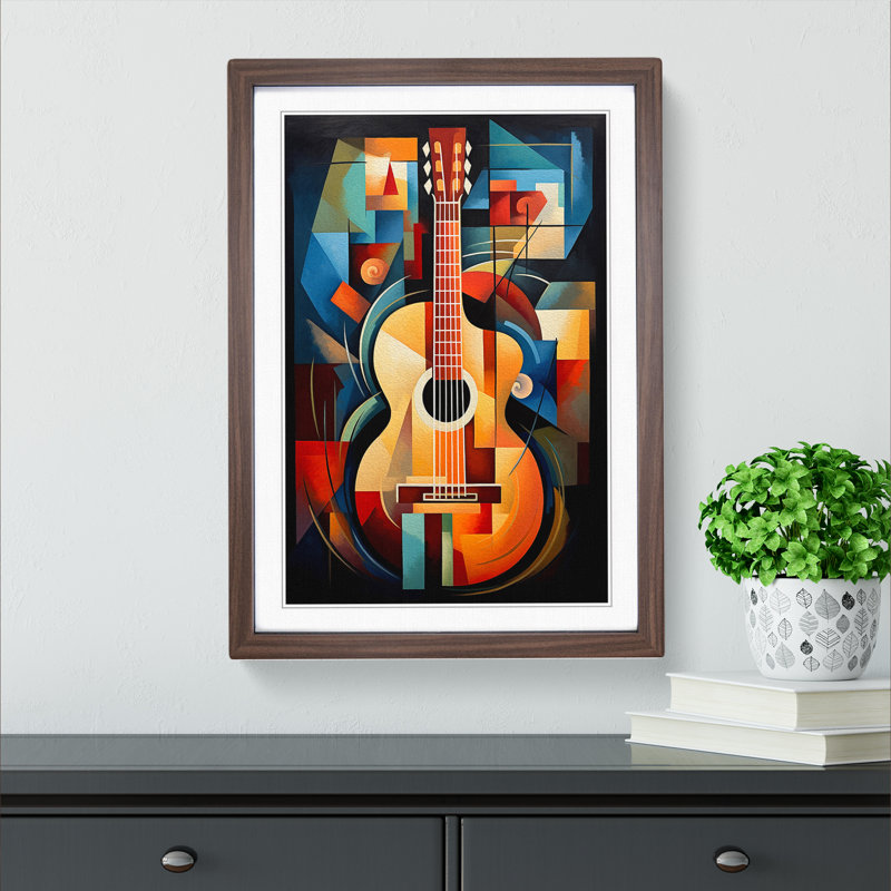 Acoustic Guitar Cubism - Single Picture Frame Print on Wood, Walnut Framed, 34cm H x 25cm W x 2cm D