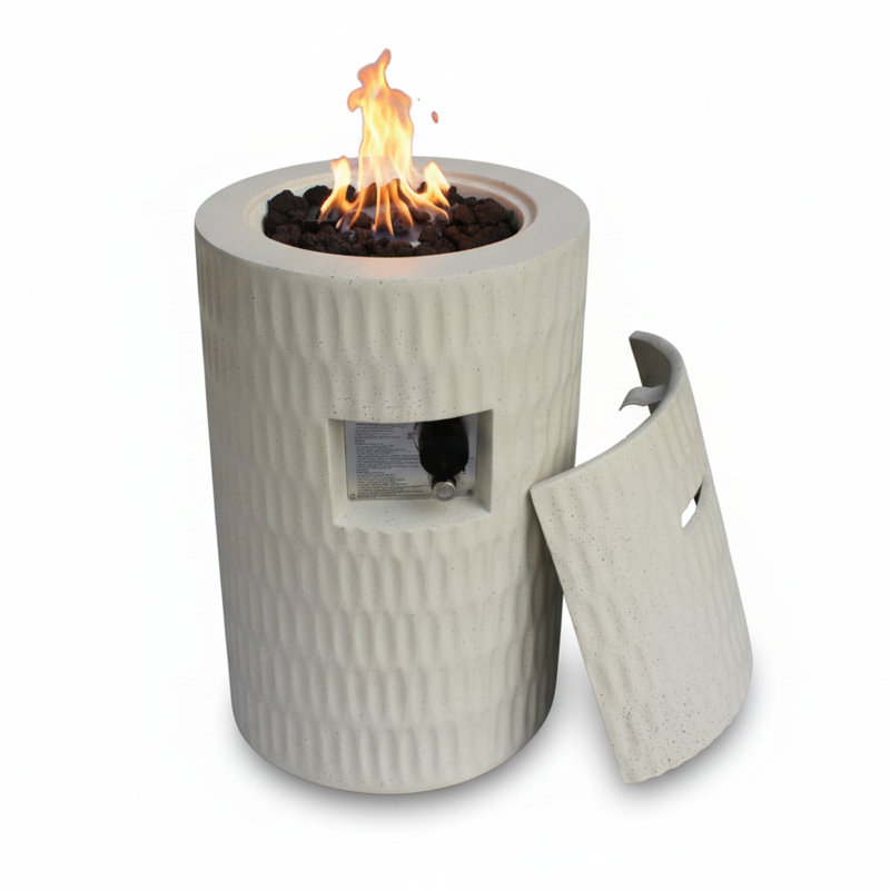 Qeven Modern 26" Cylindrical Propane Fire Pit with 40,000 BTU Concrete Build and Hidden Tank Storage, Beige