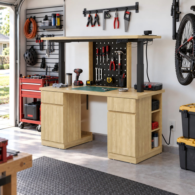 Établi de garage électrique à hauteur réglable 54,3 po avec armoires de rangement, panneau perforé, lumière DEL et station de charge - chêne naturel
