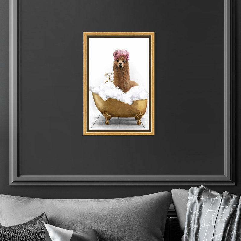 Bathtub Llama - Print on Canvas, Gold Framed, 15" H x 10" W x 1.5" D
