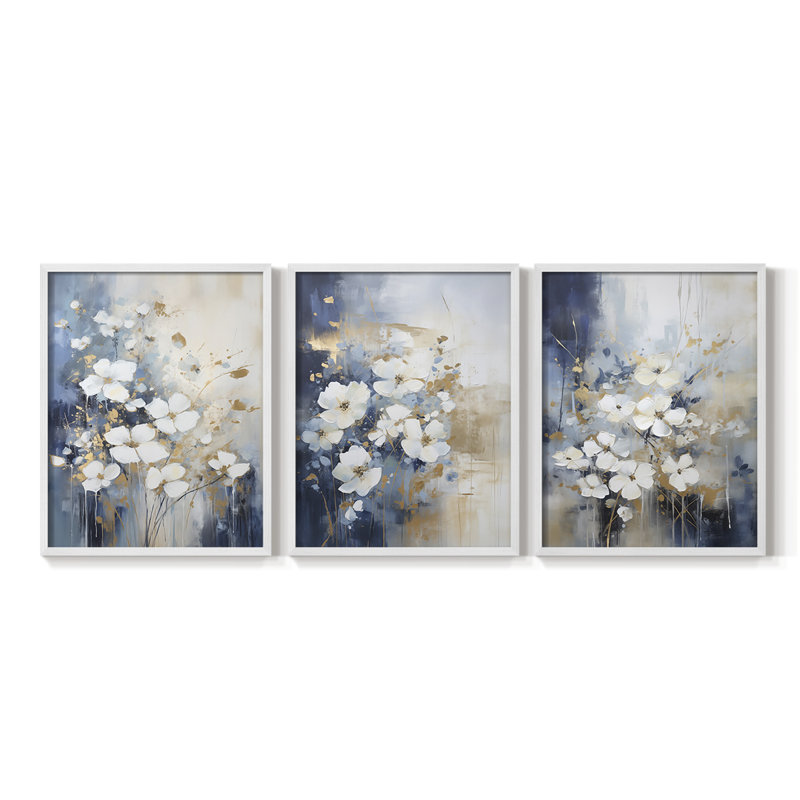 Étude florale série C III - lot de 3 estampes numériques - prêt à, Cadre blanc, H 14 po x l 11 po