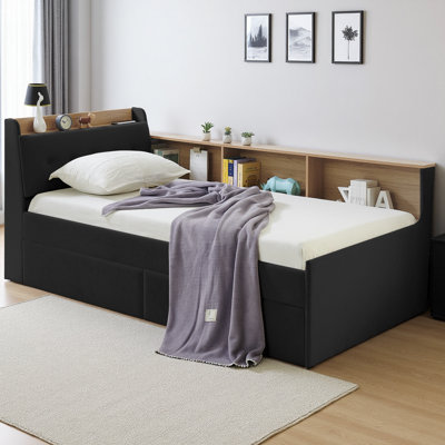 Twin Size Upholstered Velvet Daybed with Storage Headboard, Wireless Charging, LED Lights & 2 Drawers, Multi-Functional Sofa Bed for Bedroom, Guest Room