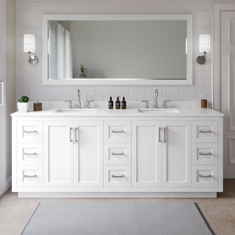 Miranda 84" Freestanding Double Bathroom Vanity with Quartz Top, White Quartz, White, Brushed Nickel