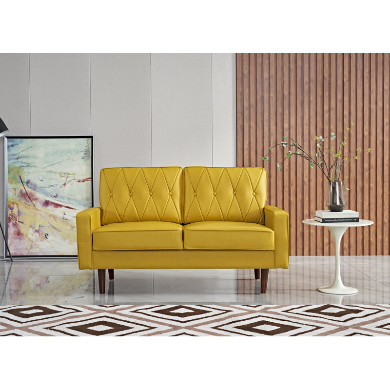 Faux Leather Square Arm Loveseat, Yellow Faux Leather, 33" H x 57" W x 31" D