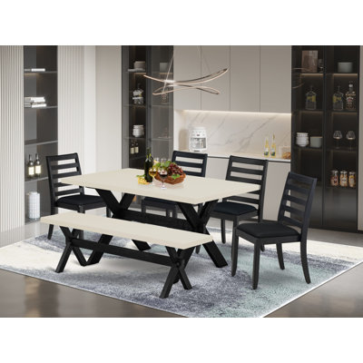 6-piece kitchen set consists of a dining table and a bench with a Distressed Jacobean top and 4 stackable chairs with Black Polyester Fabric - Wire-br