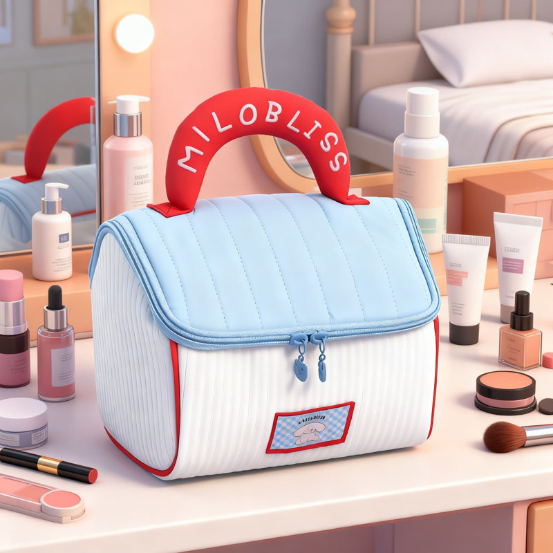 【Bleu, grande taille, style imperméable】 Trousse de maquillage imperméable de grande capacité, organisateur de maquillage mignon et portable pour le voyage, cadeau de Noël et de vacances idéal pour les étudiants et les filles