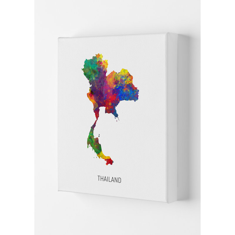 Thailand Watercolour Map by Michael Tompsett - 1 Piece Wall Art, 84cm H x 59.4cm W x 4cm D, Wrapped Canvas